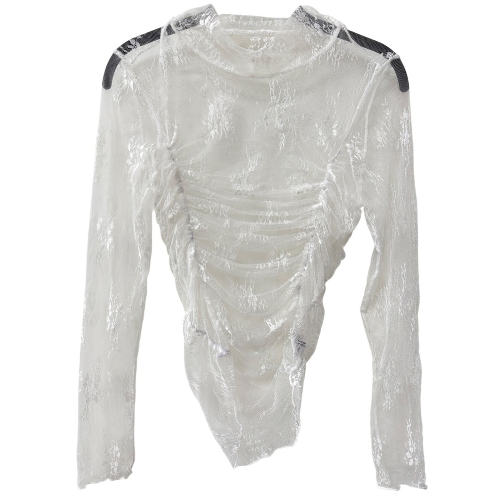 Sheer Lace Mesh Top Womens White Ruched Mock Neck Size L Fairy Romantic Sheer